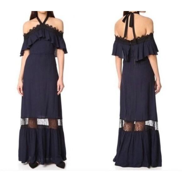 ALICE+OLIVIA Mitsy Off-The-Shoulder Maxi Dress, Navy/Black, Sz 2 - Picture 1 of 15